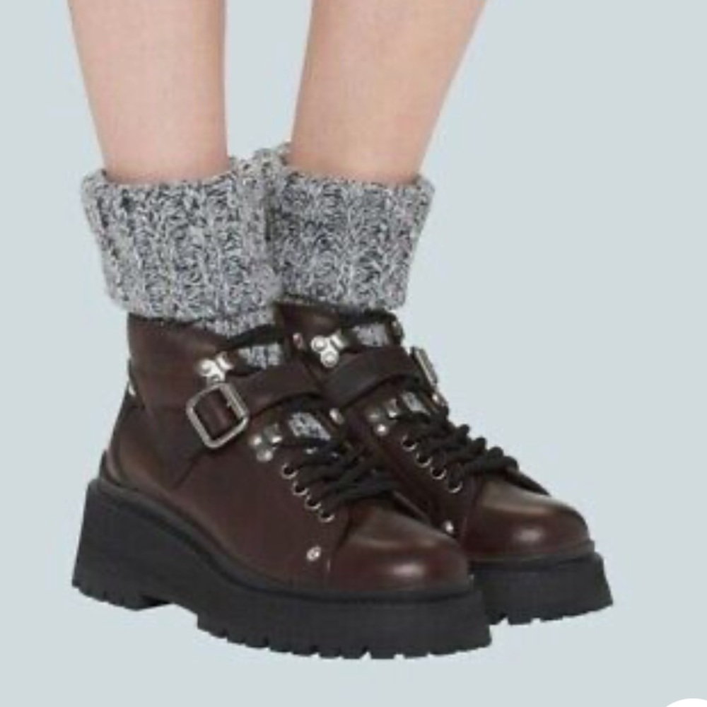 Miu Miu Prada Size 36 brown leather buckle knit sock combat boot